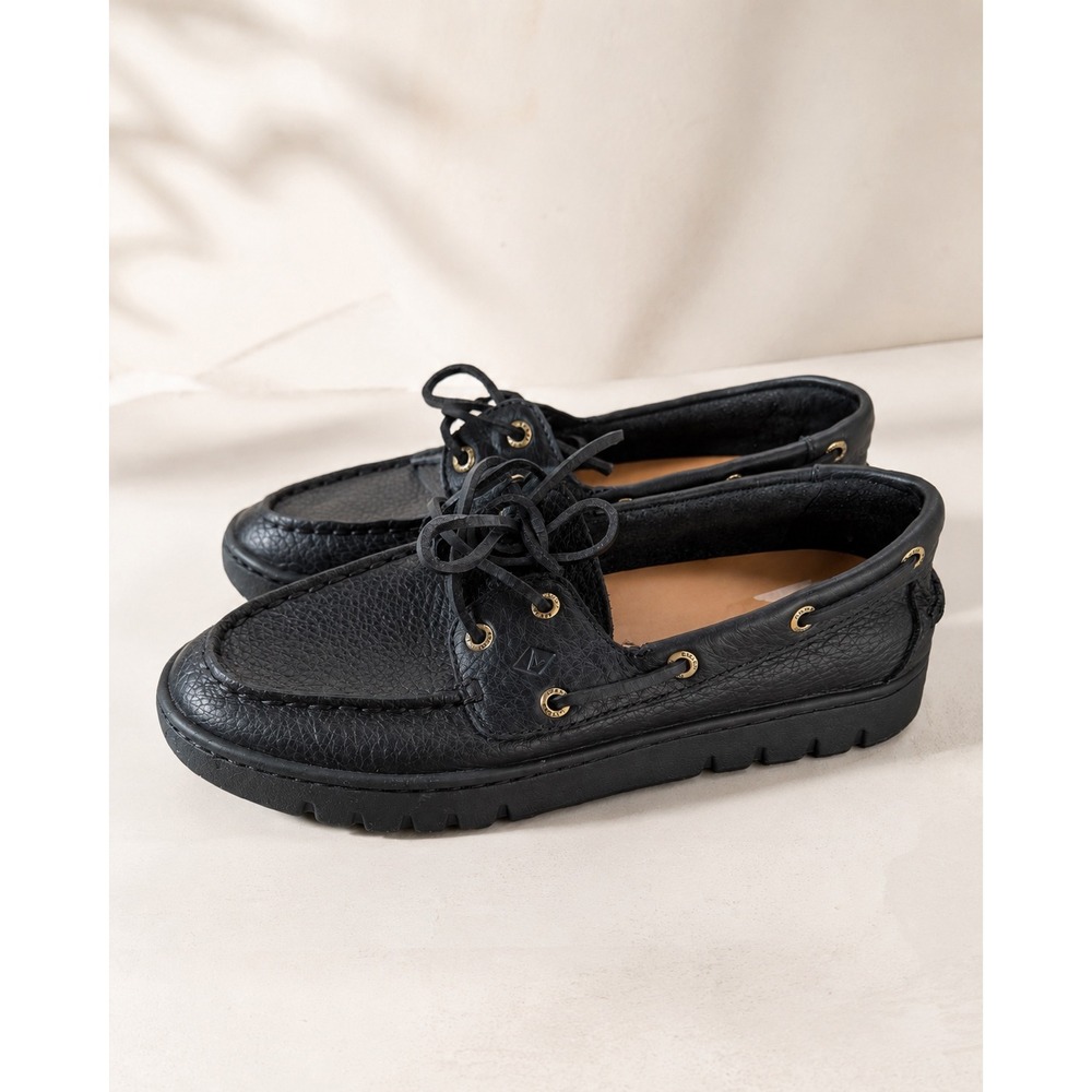 Sperry Keely Boat Shoes Womens 7.5 Black Pebbled Leather Lug Sole Loafers 104765